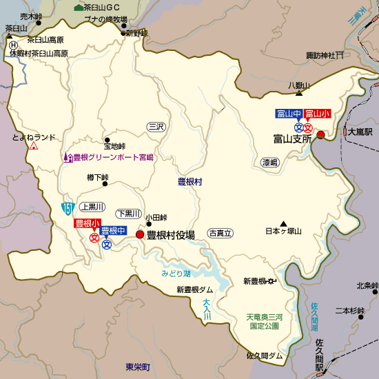 愛知県豊根村の学区地図(小学校・中学校)