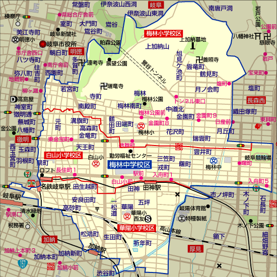 梅林中学校 学区地図（白山小学校、梅林小学校、華陽小学校）