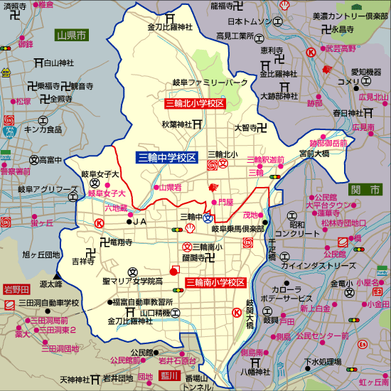 三輪中学校 学区地図(三輪南小学校、三輪北小学校)