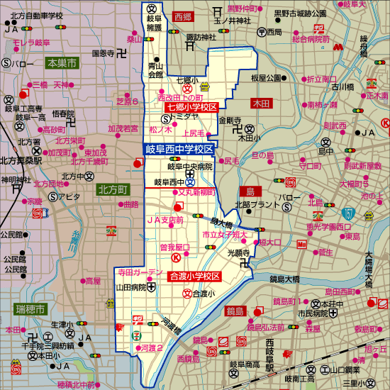 岐阜西中学校 学区地図（七郷小学校、合渡小学校）