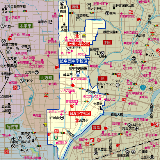 岐阜西中学校 学区地図(七郷小学校、合渡小学校)
