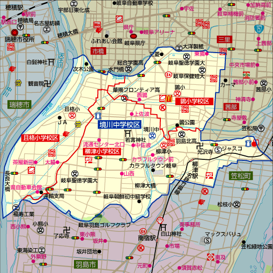 境川中学校 学区地図（且格小学校、鶉小学校、柳津小学校）