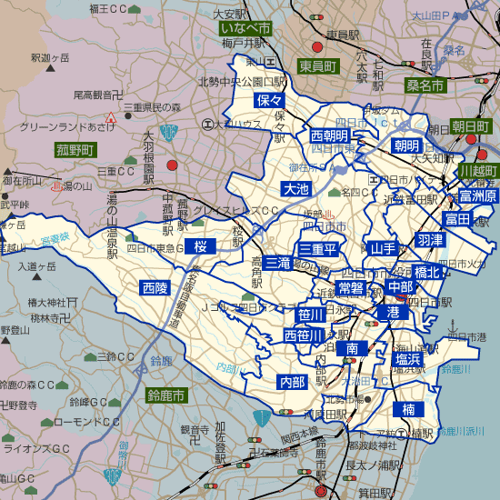 三重県四日市市の学区地図（小学校・中学校）